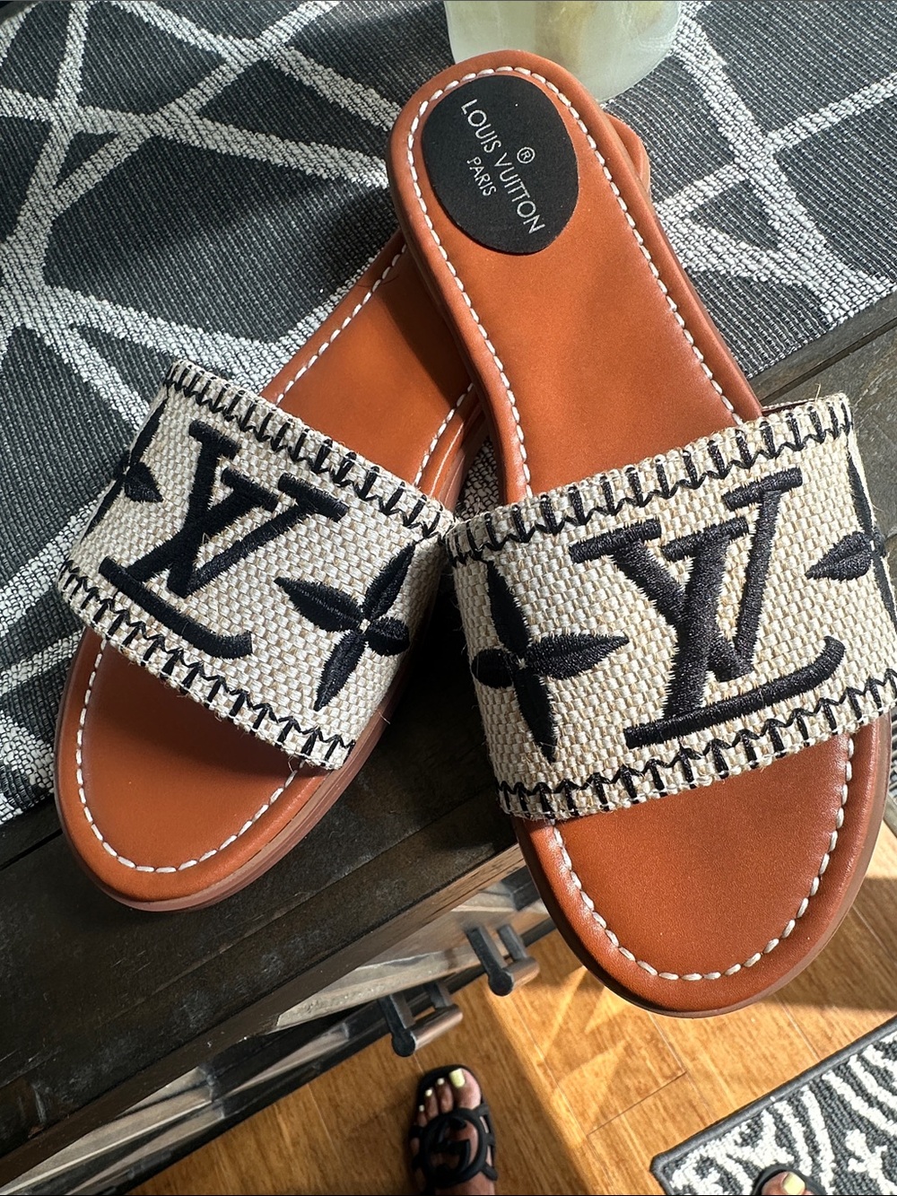 Louis Vuitton Brown Leather Slides with Monogram Canvas Strap - Picture 3 of 4